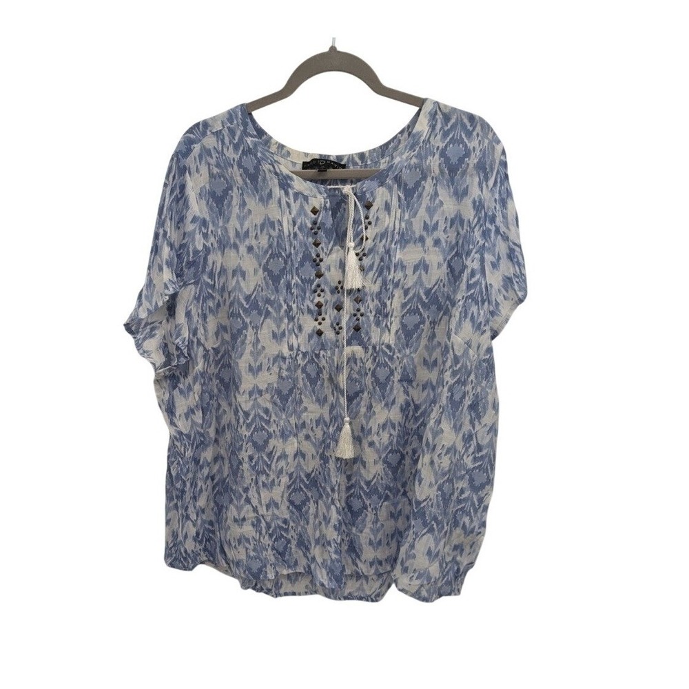 Fred David women's blue and white top with‎ tassel tie by the neck Size 2X